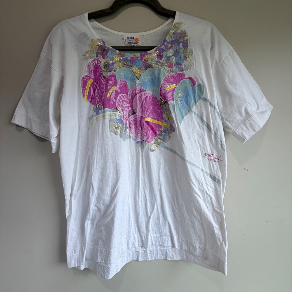 VTG Coral Hawaii Hand Painted Tee Women XL White Floral Glitter Art  to Wear